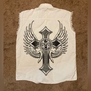 Biker Wear USA XL Cutoff Shirt White Button Up Cross Graphic